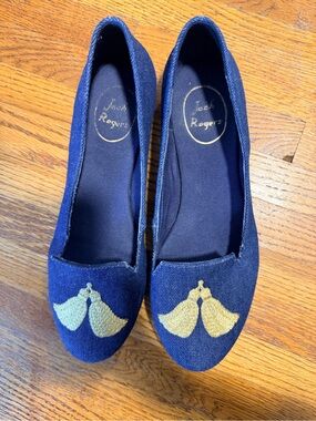 Jack Rogers Navy Blue Flats with Gold Embroidered Detail
